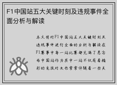 F1中国站五大关键时刻及违规事件全面分析与解读